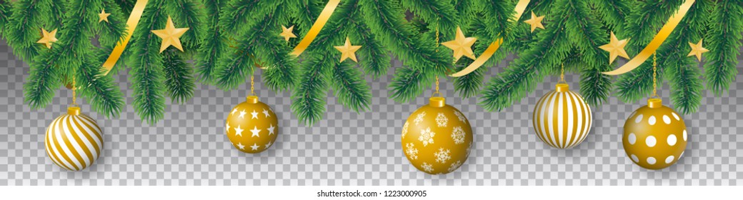 Seamless vector winter coniferous tree branches with needle leaves, golden stars, ribbons and hanging golden christmas bulbs on transparent background.