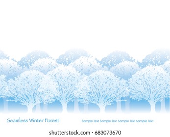 A seamless vector winter forest illustration in white and blue.