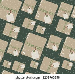 Seamless Vector Winter Holiday Gift Package with Tag Repeat Pattern in Forest, Lime Green, Tan, & Red. Great for holidays, Christmas, home decor, fabric, textile, wrapping paper, backgrounds, retail.