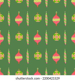 Seamless vector winter party pattern with colorful ornamet christmas tree balls on green background for wrapping paper and new year textile. Fur tree toys and decoration