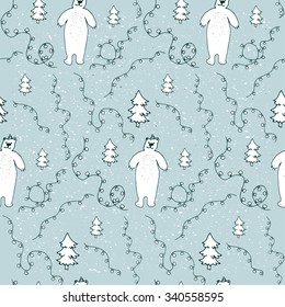 Seamless vector winter pattern with hand-drawn polar bear, Christmas trees and festive garlands