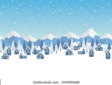 Seamless vector winter townscape illustration with text space. Horizontally repeatable.