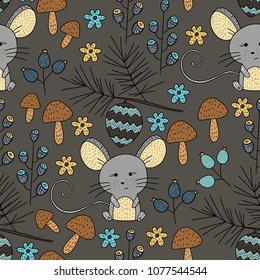 Seamless vector wooden pattern with color illustrations. Cute forest mouse in the forest.
