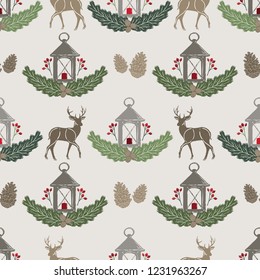 Seamless Vector Woodland Deer, Pine Cone & Candle Lantern Damask in Green, Red, & Brown. Great for holidays, home decor, fabric, textiles, paper crafting, backgrounds, wallpaper, & wrapping paper.