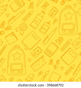 Seamless vector yellow background: school and office supplies