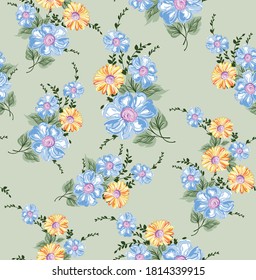 seamless vector yellow and blue flowers pattern on green background