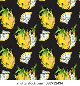 Seamless Vector Yellow Dragon Fruit Pattern