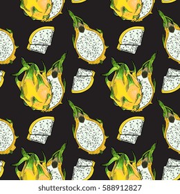 Seamless Vector Yellow Dragon Fruit Pattern