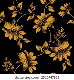 seamless vector yellow flower pattern on black