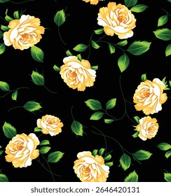 seamless vector yellow flower pattern blue leaves pattern on black