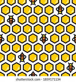 Seamless vector yellow honeycomb pattern. Honey background with bee.