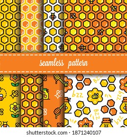 Seamless vector yellow honeycomb pattern set. Honey background with bee.