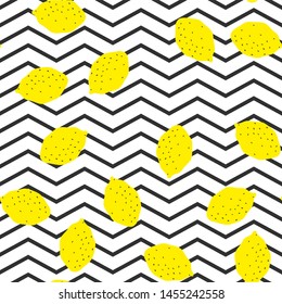 Seamless vector yellow lemons on black and white striped zigzag pattern. 10 eps chaotic citrus and lemon background for design, textile, fabric, cover, wrapping, advertising banner.