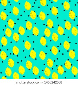 Seamless vector yellow lemons on cyan background with polka dots on. 10 eps citrus pattern with chaotic elements. For design, fabric, textile, cover, web, banner.