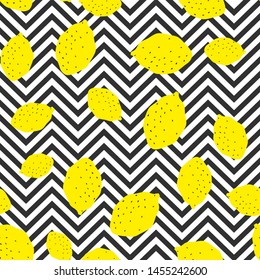 Seamless vector yellow lemons on black and white striped zigzag pattern. 10 eps chaotic citrus and lemon background for design, textile, fabric, cover, wrapping, advertising banner.