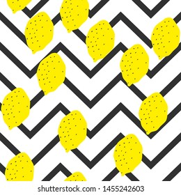 Seamless vector yellow lemons on black and white striped zigzag pattern. 10 eps chaotic citrus and lemon background for design, textile, fabric, cover, wrapping, advertising banner.