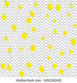 Seamless vector yellow lemons on black and white striped zigzag pattern. 10 eps chaotic citrus and lemon background for design, textile, fabric, cover, wrapping, advertising banner.