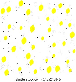 Seamless vector yellow lemons on white background with polka dots on. 10 eps citrus pattern with chaotic elements. For design, fabric, textile, cover, web, banner.