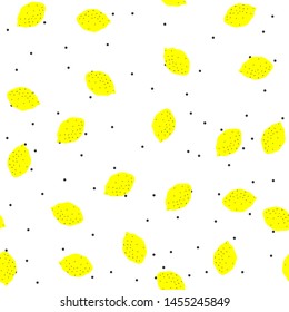 Seamless vector yellow lemons on white background with polka dots on. 10 eps citrus pattern with chaotic elements. For design, fabric, textile, cover, web, banner.