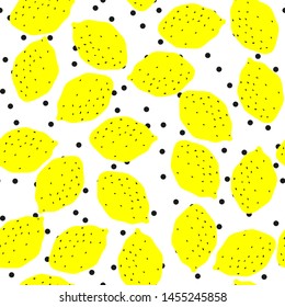 Seamless vector yellow lemons on white background with polka dots on. 10 eps citrus pattern with chaotic elements. For design, fabric, textile, cover, web, banner.