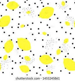 Seamless vector yellow lemons on white background with polka dots on. 10 eps citrus pattern with chaotic elements. For design, fabric, textile, cover, web, banner.