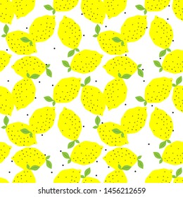 Seamless vector yellow lemons on white background with polka dots on. 10 eps citrus pattern with chaotic elements. For design, fabric, textile, cover, web.