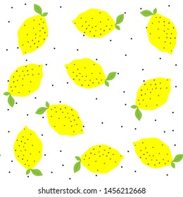 Seamless vector yellow lemons on white background with polka dots on. 10 eps citrus pattern with chaotic elements. For design, fabric, textile, cover, web.