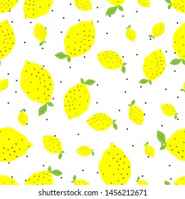 Seamless vector yellow lemons on white background with polka dots on. 10 eps citrus pattern with chaotic elements. For design, fabric, textile, cover, web.