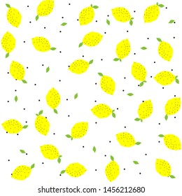 Seamless vector yellow lemons on white background with polka dots on. 10 eps citrus pattern with chaotic elements. For design, fabric, textile, cover, web.
