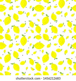 Seamless vector yellow lemons on white background with polka dots on. 10 eps citrus pattern with chaotic elements. For design, fabric, textile, cover, web.