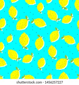 Seamless vector yellow lemons on cyan background with polka dots on. 10 eps citrus pattern with chaotic elements. For design, fabric, textile, cover, web.