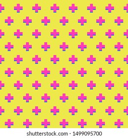 Seamless vector yellow and pink pixel plus pattern. Stylish background for fabric, textile, cover, wrapping, wallpaper, web etc. 10 eps design.