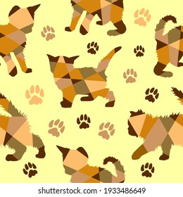 Siluetas geométricas vectoriales de color amarillo marrón sin soldadura de patrón de gatito sobre fondo amarillo 