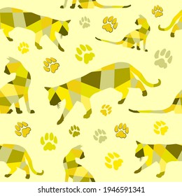 Seamless vector yellow-green geometric silhouettes of cats pattern on a yellow background 
