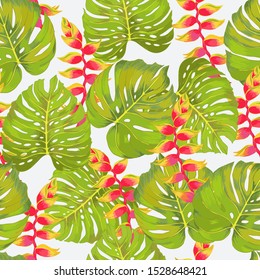 Seamless vectorgreen philodendron monstera leaf with heliconia flower Hawaiian pattern. Natural simple background on white. Hand drawn leaves tropical pattern.