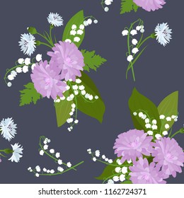 Seamless vectorial beautiful illustration with asters, cornflowers and lilies of the valley on a dark background. For decoration of textiles, packaging and web design.