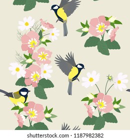 Seamless vectorial beautiful illustration with wildflowers and titmouse on a gray background. For decoration of textiles, packaging, cover, wallpaper.