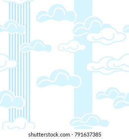 Seamless vectorial blue-white background of clouds and vertical light blue stripes for children's wallpaper, umbrellas, cloth design.