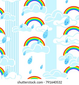 Seamless vectorial blue-white background of clouds and raindrops and vertical light blue stripes for children's wallpaper, umbrellas, cloth design.