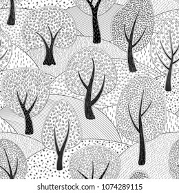 Seamless vectorial forest landscape with trees and hills, black and white drawing by hand