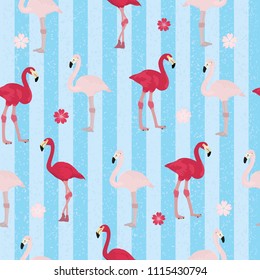Seamless vectorial image with pink flamingos on blue striped background
