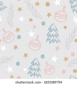 Seamless vectorial multicolor pattern with New Year elements. Handmade drawing of Christmas trees, stars, New Year balls, circles, branches.