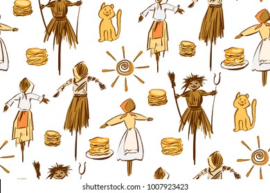 Seamless vectorial pattern with carnival symbols Shrovetide (Maslenitsa).
