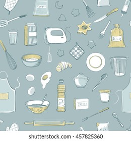  Seamless vectorial pattern kitchen utensils and ingredients for baking on a gray background