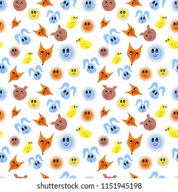 Seamless vectorial pattern. Pattern on fabric, textile for children, wrapping paper. Little animals on a white background.