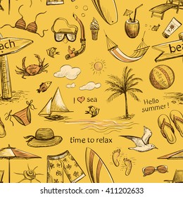 Seamless vectorial pattern of relaxation on the beach. Sketches on a yellow background