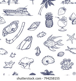 Seamless vectorial pattern of relaxation on the sea, diving, beach. Sketches on a white background 