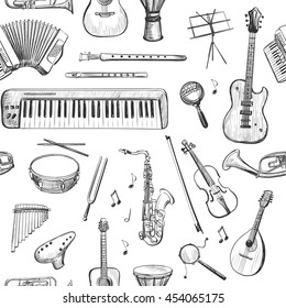  Seamless vectorial pattern of sketches of musical instruments . Isolated pictures on a white background .