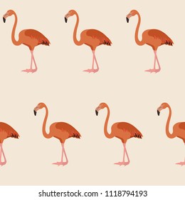Seamless vectorial realistic illustration with pink flamingos on beige background. For decorating textiles, packaging and wallpaper.