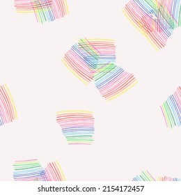 Seamless vectorial repeating pattern with colourful doodles simulating hand-drawn stripes on a white background